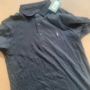 All Saints Black Polo Shirt Classic Cotton Short Sleeve